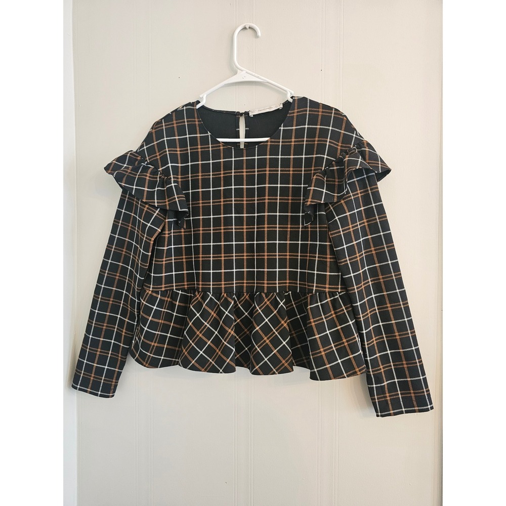 Zara Trafaluc Black Brown Plaid Ruffle Peplum Top Size Medium Long Sleeve